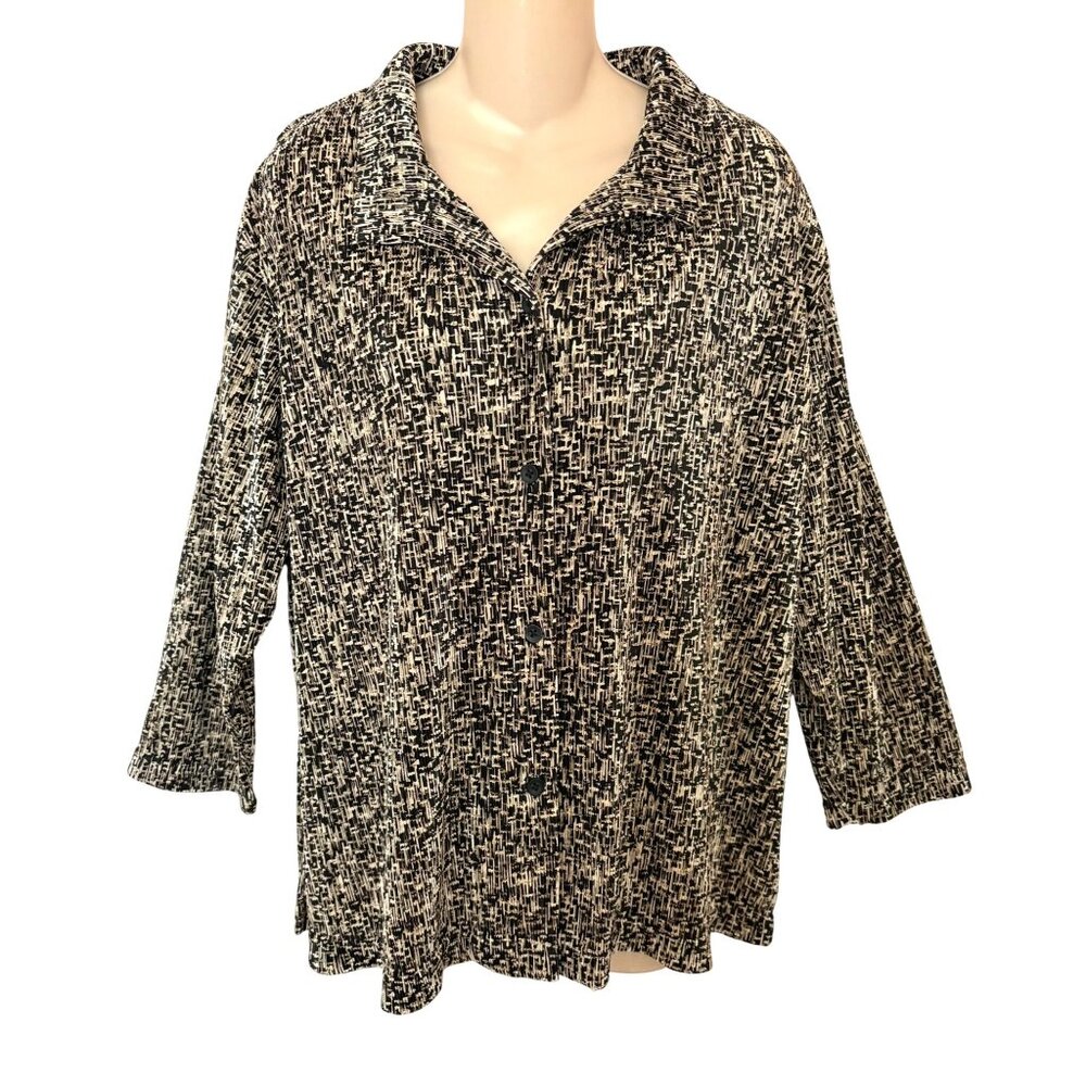 Coldwater Creek Womens XXL Black & Beige Abstract Button-Front Blouse 3/4 Sleeve